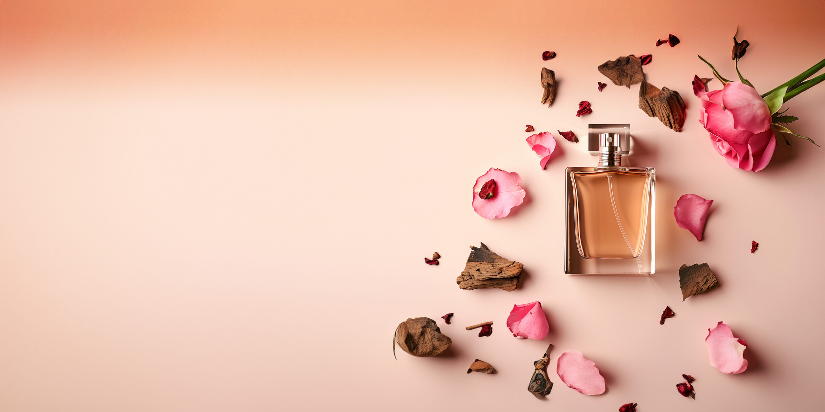 Perfume on pink background with oud wood and rose petals